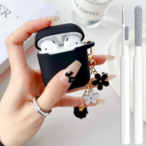 Cute Case for Airpods 2nd/1st Generation Cover for Girl Women with Pom pom Flower Keychain & Cleaner Kit, Soft Silicone Airpods iPod 2nd/1st Gen Protective Cover Skin for Airpods 2/1 Gen