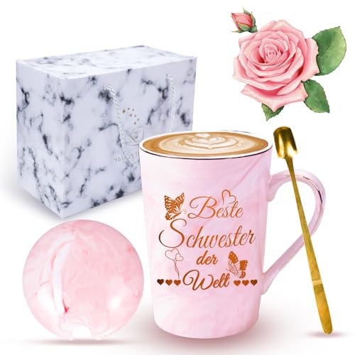 DIKARYA Tassen für Schwester, Geburtstagsgeschenk für Schwester, 400ml Kaffeetasse für Beste Schwester der Welt, Rosa Kaffee Tasse Kaffeebecher Teetasse Geburtstag Geschenk für Große Schwester