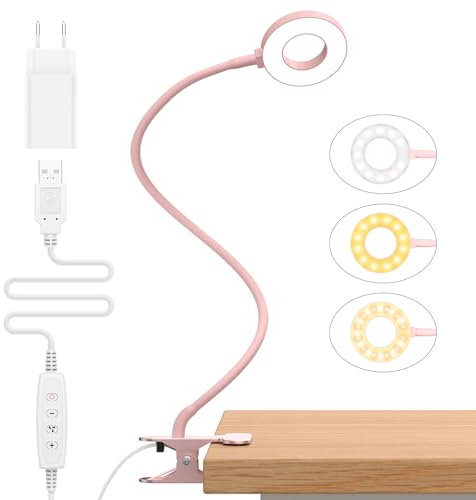iZELL LED Desk Lamp【3 Color Modes & 10 Brightness】 Eye Caring Clip on Clamp Light with 70cm Flexible Gooseneck, Book Ring Light with Plug for Home Office, Kids, Reading, Clip on Table, Headboard-Pink