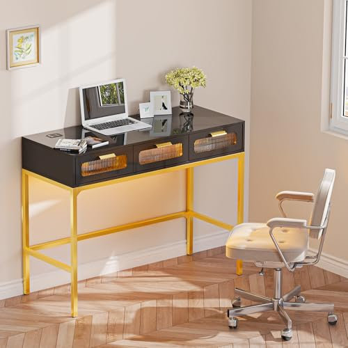 Lvifur Schminktisch mit LED-Beleuchtung in 3 Lichtfarben,Dressing Table mit USB/Type-C Anschluss,Kosmetiktisch mit 3 Schubladen