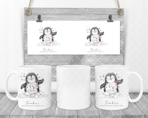 Personalised Christmas Hot Chocolate Mug with Penguin Design, (white mug)