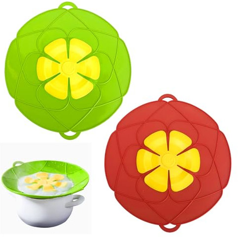 Spill Stopper Lid Cover, 2Pcs 10 Silicone Pan Lid Splatter Guard, Multi-Function Kitchen Tool for Pots Boil Over Safeguard (Red and Green)