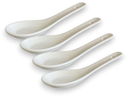 White and black Series ASIATICA | Porzellan-Löffel-Set Asien | 13 cm - Reis-Löffel - Suppen-Löffel, Servier-Löffel, Dessert-Löffel - Spoon-Set Ramen (4er Set weiß)