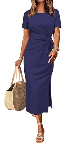 Newshows Summer Dresses for Women UK Casual Long Maxi Dress Tie Waist Elegant T Shirt Sundress with Split Navy Blue,L