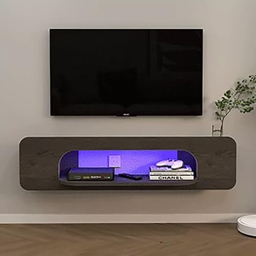 Moderna consola multimedia flotante con luces LED y armarios de almacenamiento, soporte de TV montado en la pared con estante abierto, ideal para decoración de sala de estar.