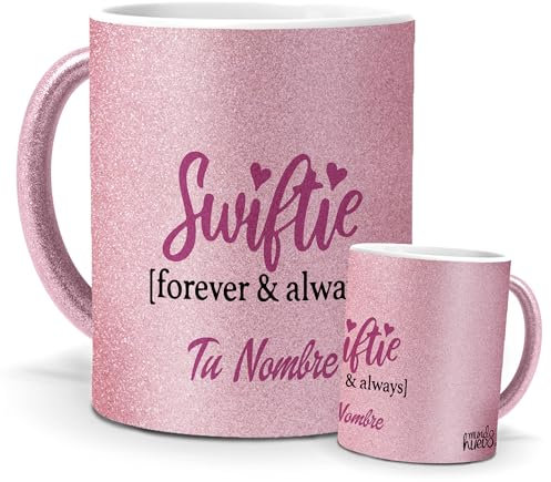 Taza personalizada | Regalo Taylor Swift Forever | Edición Purpurina Rosa | Mensaje para Fans | Pon el nombre o texto que quieras | Cerámica Glam Rosa | Tazas para Leche, Café, Té ... | 350 ML
