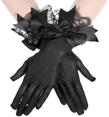 Schwarz Kurze Spitzen Handschuhe Damen, Spitzenhandschuhe Schwarz Mit Schleife, Handschuhe Schwarz Dame, Net Handschuhe Mit Schleife Für Weihnachten Hochzeit Party Teeparty Abschlussball