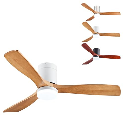 XUANYU Φ132 cm/52 Deckenventilator mit Licht, dimmbar, mit Gleichstrommotor und Fernbedienung, Deckenventilator, wendbar, für Schlafzimmer, Wohnzimmer (3 Lamellen aus weißem Holz)