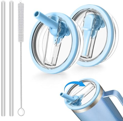 2 Leak-Proof Lids for Stanley Cup 40 oz, Replacement Lid for Stanley Cup Accessories with 2 Straws and 1 Straw Brush, Reusable Waterproof Lid for 40 oz Cups (Blue)