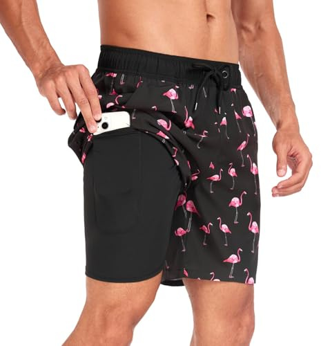 Short de Bain à séchage Rapide pour Hommes Maillot de Bain 2 en 1 Short de Plage Extensible avec Poches à glissière à séchage Rapide Sport de Surf d'été