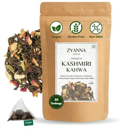 Zyanna Kashmiri Kahwa Tea - Herbal Detox Green Tea bags (20 Cups/20 Teabags) Natural Indian Spices - Cardamom Cinnamon Clove Black Pepper Almonds Rose Petals | Gluten Free Non GMO | Hot Iced Kombucha