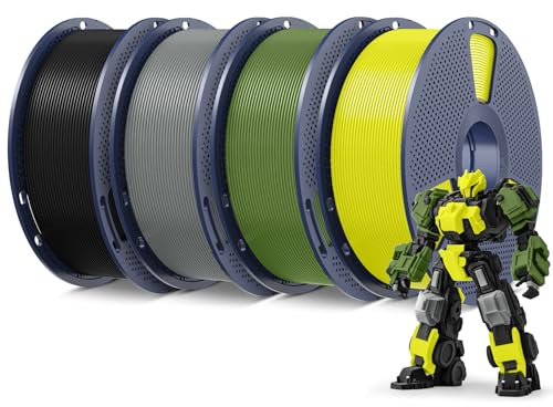 SUNLU PLA+ Filament 1.75mm 4KG Bundle, PLA Plus 3D Drucker Filament | 1KG Spool, 4 Spule 3D Druck PLA+ Filament, Maßgenauigkeit +/- 0.02mm, Schwarz+Olivgrün+Grau+Gelb
