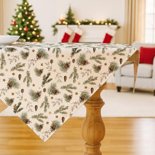 Vorysum Grün Bäume Tannenzapfen Weihnachtsdeko Tischdecke Abwaschbar Saisonnal Küche Tisch Weihnachten Dekoration Drinnen Urlaub Party Dekor Christmas Table Cloth 85x85 cm