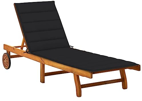 Chaise Longue Extérieure, en Bois d'Acacia Massif avec Coussin, Transat Jardin Exterieur Réglable, Roulettes et Tablette Intégrée, Confortable et Robuste,Piscine, Noir, 200 x 59/63 x 30/62/76/85 cm