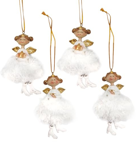 Engel-Anhänger Weiß & Gold, 4er Set: Weihnachtsengel zum Aufhängen, Kleine Weihnachtsanhänger, Schutzengel, Geschenkanhänger Weihnachten & Winter, Weihnachtliche Deko Christbaum & Zweige, 11 cm