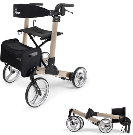 Parvum Luxo Rollator faltbar und leicht mit Sitz, 6,9kg, M - Champagner | Premium Aluminium Gehhilfe mit versteckten Bremskabeln, Sitz, Tasche & abnehmbarer Rückenlehne und Stockhalter, Größe Medium