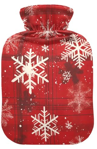 Wärmflasche mit weichem Bezug, Weihnachtsmotiv, rote Schneeflocken, 1 l Wärmbeutel für Muskelkater