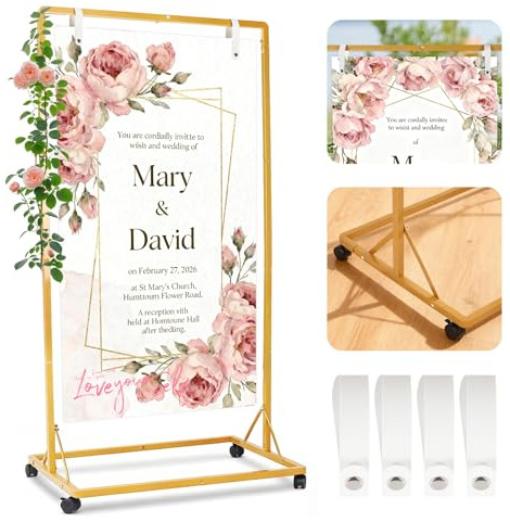 Gxpjycfob Wedding Welcome Sign Stand, Adjustable Wedding Sign Holder with Wheels, Metal Gold Easel Stand with 4X Leather Hanging Straps for Seating Charts, Poster Display, Party and Graduation Decor