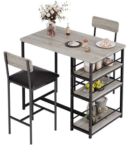 Aptliton 3 Piece Breakfast Bar Table Set with Storage Shelves, High Dining Table and 2 PU Leather Stools, Space Saving Kitchen Table and Chairs Set for Small Apartments
