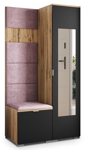 Masseno Flugarderoben Set VIRA, Kleiderschrank-Set mit Spiegel und Sitzbank, Garderobenschrank Flur mit 3 Regalböden, Eiche Wotan/Schwarz