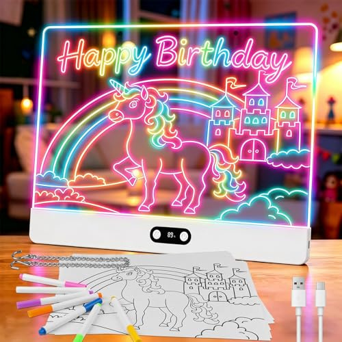 LED Zeichenbrett Kinder Wiederaufladbar mit RGB-Lichtern für Malerei, Weiß | 35cmx26cm Notiztafel aus Acryl, Led Maltafel Kinder mit 8 Farben & 3 Modi für Malerei & Tracing, Versteckter Ständer