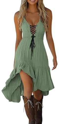 Générique Robe Courte Bretelles Spaghetti Style Western Femme, Robe à Lacets Col V avec Volants, Robe Bohème Asymétrique pour Sorties Plusieurs Couleurs