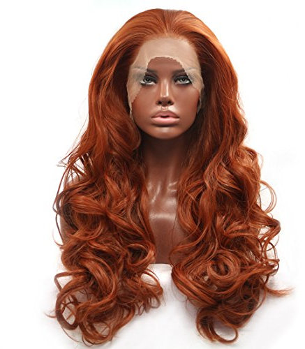 BESTUNG Mode Glueless Kupfer Rot 24Lange Natürliche Wellenförmige Freie Teil Lace Front Perücken Hitzebeständige Kunsthaarperücke für Frauen(EINWEG) (kupferrot)
