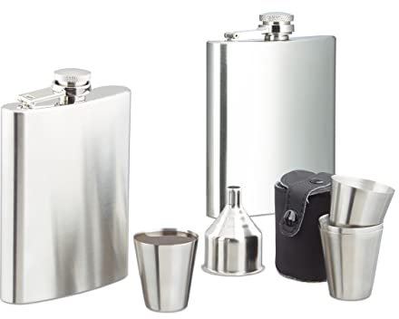 8 Pcs Stainless Steel Hip Flask with 4 cups and Funnel Bottle 200ml On-The-Go Festivals, Silver