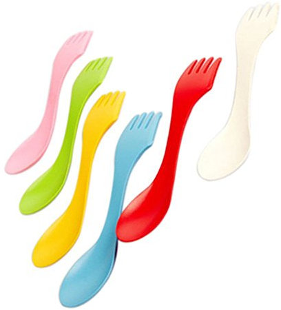 6 Pcs Reusable Spork Cutlery Set Travel Spoon, Fork Knife Combo Utensils Flatware Mess Kit for Camping, Fishing, Hunting Outdoor Activities
