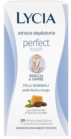 Lycia, Strisce Depilatorie in Gel per Braccia e Gambe, Nutrienti ed Emollienti, con Olio Naturale di Jojoba e Cera d'Api per Pelli Normali, Perfect Touch, 20 Strisce + 2 Salviette Post Depilazione