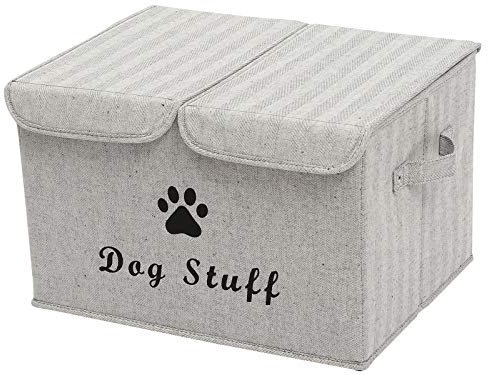 Pethiy Große Leinenstoff Aufbewahrungsbox mit deckel für Hunde Zubehör-Faltbare Doppelgitter Aufbewahrungskorb mit Griffen,für hundespielzeug Hundebekleidung-43 x 31 x 26 cm (Streifen Grau)