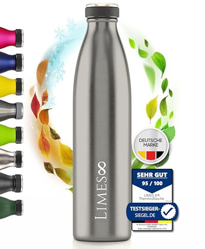 Limes 8® Bottiglia Termica in Acciaio Inossidabile 1L - Bottiglia Isolante, Ermetica, con Doppia Parete Isolante, Adatta a Bevande Frizzanti per Sport, Lavoro e Viaggi (Grigio, 1000 ml)