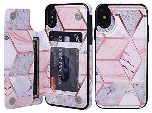 UEEBAI Case for iPhone X iPhone XS, Premium PU Leather Case Geometric Marble Pattern Back Wallet Cover [Two Magnetic Clasp] [Card Slots] Stand Function Durable Soft TPU Case - Grey & Pink