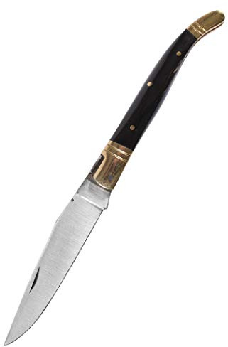 Battle-Merchant Klappmesser mit Griffschalen aus Horn & Etui aus Leder | ca. 9 cm Klinge, 440er Edelstahl, Elegantes Taschenmesser für Mittelalter-Reenactment