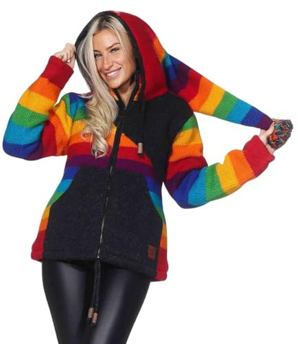 Damen Goa Strickjacke Wolle mit Fleecefutter und Abnehmbarer Zipfelkapuze Schwarz/Regenbogen, Größe Damen:42