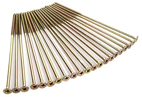 AHUNTTER Paquete de 100 tornillos de madera extra largos de 6 mm x 200 mm, tornillos Pozi multiuso, tornillos de cabeza avellanada M6 para tareas de madera y bricolaje – Zinc amarillo pasivado