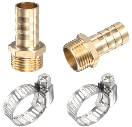 sourcing map Latón Manguera Púa Montaje Recto 12mm x G3/8 Macho Rosca Tubo Conector con Inoxidable Acero Manguera Abrazadera Paquete de 2