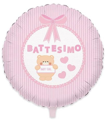 PALLONE Palloncino foil mylar Il mio BATTESIMO Rosa con ORSETTO Baby Girl 45 cm - gonfiabile ad aria o ad elio - fornito sgonfio