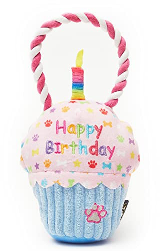Pet London Happy Birthday Cupcake-Hundespielzeug mit Quietscher und Seilzerren, für den Geburtstag Ihres Hundes oder als Geschenk zur Adoption