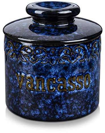 Vancasso Starry Blue Porcelain Butter Dish With Lid, Butter Keeper With Water Line for Spreadable Storage