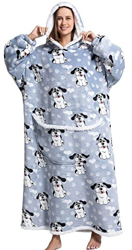Oversized Hoodies Long – Unisex TV-Decke mit Kapuze – Sweatshirt Pullover Plaid Flanell weich mit großer Tasche, Hund, One size