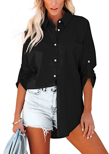 Homlan Bluse Damen Baumwolle Langarm Roll Up Elegant Oberteile Lässige Hemden Knöpfleiste Einfarbig Langarmshirt Tunika Hemdbluse Mit Brusttaschen (XX-Large, Schwarz)