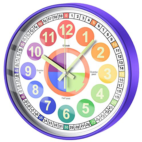 HOSTON Kinderuhr, 12 Zoll Moderne Wanduhr Lernende Uhr für Kinder Lehrende Uhr, Jungen Mädchen Leuchtende Wanduhr für Kinderzimmer, Klassenzimmer, Spielzimmer, Schlafzimmer, Schule(Lila)