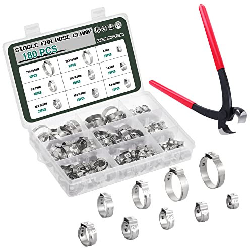 Knpwer 180 Pcs 304 Stainless Steel Single Ear Hose Clamp,6-25.6mm 9 Sizes Crimp Hose Clamp Assortment Kit,Stepless Crimp Clamp (180, 9 Sizes)