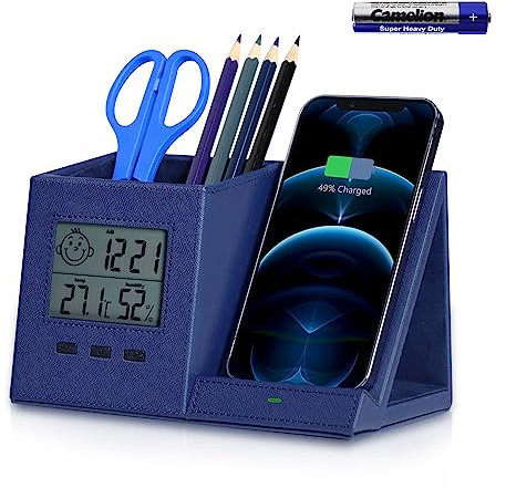 3-in-1 Wireless Charger with Pen Holder, Desk Clocks with Temperature and Humidity, Compatible with iPhone 16/15/14/13/12/11/8Series, Pencil Holder for Desk Home Office, Men Gift Idea Gadget, Blue
