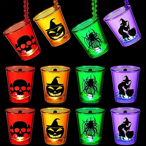12 PCS LED Light Up Halloween Shot Glass on Beaded Necklace Plastic Shot Glasses Shot Cups Glow in The Dark Halloween Shot Glass Necklaces for Halloween Party Favors Decorations Supplies(Witch)