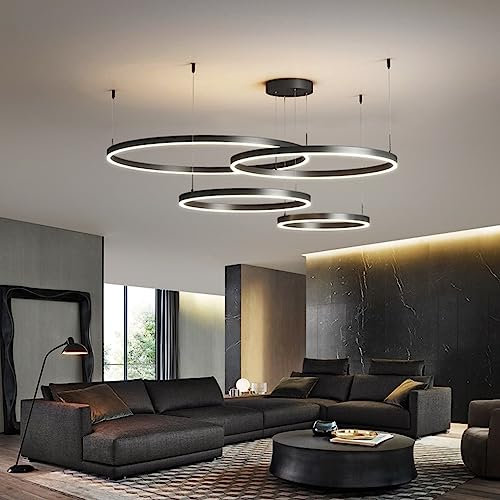 Pendelleuchte LED Dimmbar Metall ring Hängeleuchte Wohnzimmerlamp Hoehenverstellbar Hängelampe Esszimmerlampe Acryl Kronleuchte Mit Fernbedienung Café Bar Küche Büro Deckenleuchte ( Color : Schwarz ,