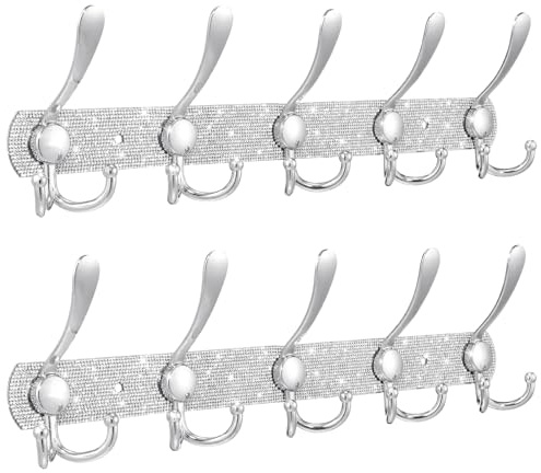 Barydat Kleiderhaken mit Strasssteinen, Wandmontage, 10 Haken, glänzend, silberfarben, glitzernd, Kristall, Badezimmer-Wanddekoration für Handtücher, Bademäntel, 2 Stück