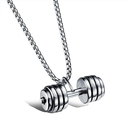 YAHOYA Herren Edelstahl Gym Hantel Gewichtheber Fitness Schmuck, Silber Triple Plate Kurzhantel Anhänger Langhantel Halskette