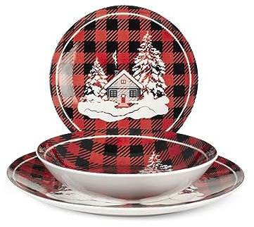 HOME Royal Norfolk Cottage - Juego de mesa (18 platos, porcelana, rojo, Navidad